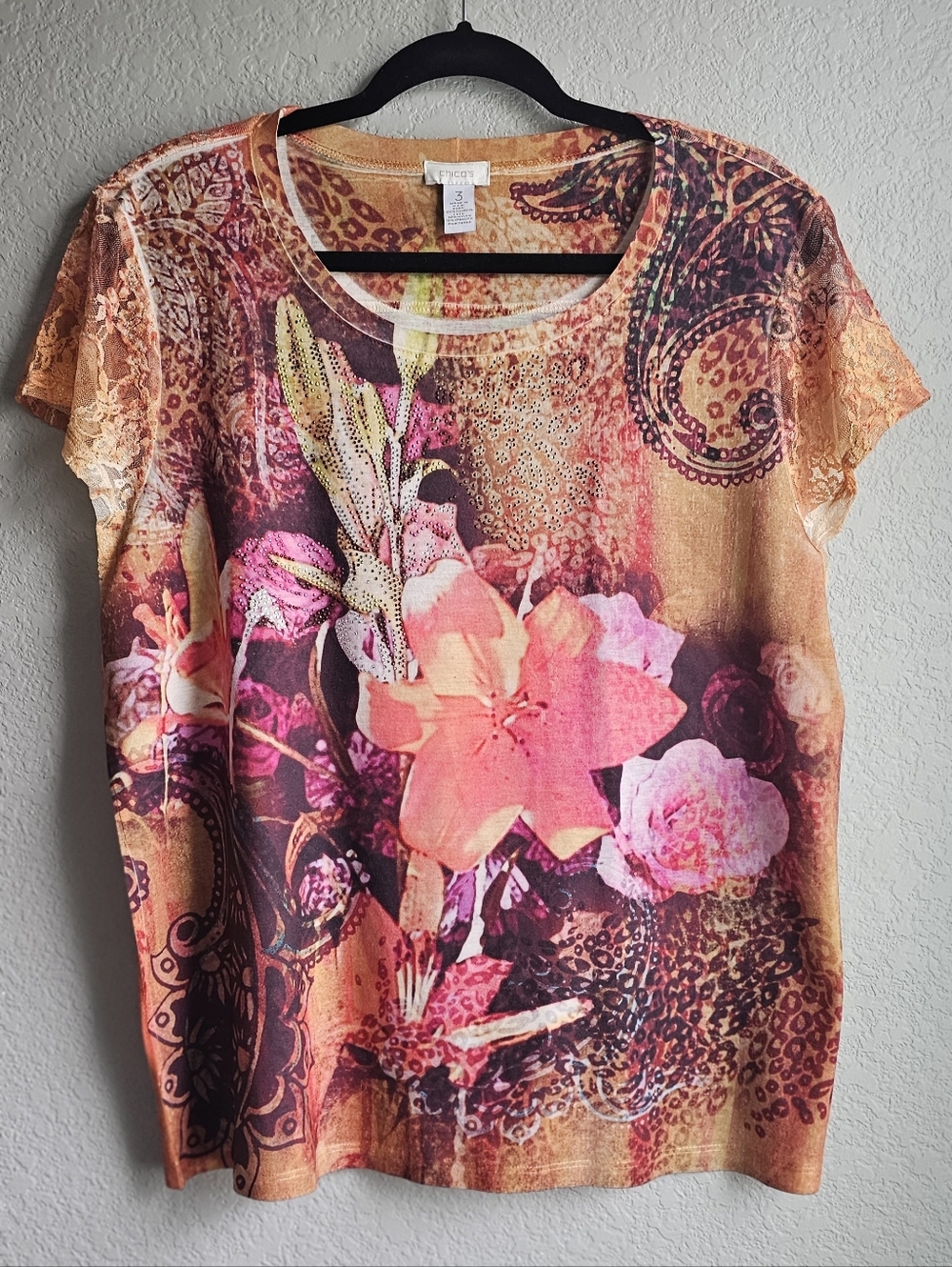 Chico’s Size 3 Boho Floral Mesh Top Rhinestone Embellished XL